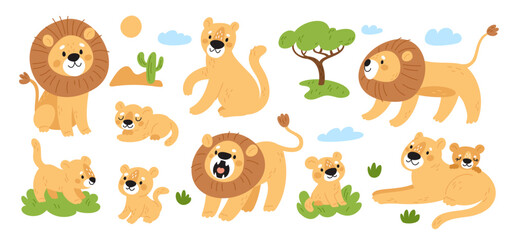 Cartoon cute lions. Funny wild animals pride. King of beasts. Lionesses with cubs. Predators of feline family. Jungle mammals. Savannah tree. Safari carnivore cats. Garish vector set