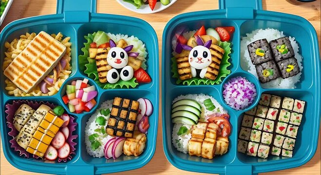 Bento lunch boxes filled with onigiri, tamagoyaki, and various pickled vegetables. Traditional japanese food