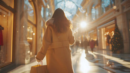 Asian Japanese girl in a winter coat and scarf enjoy shopping with smile. The background a blur effect of a luxury European street