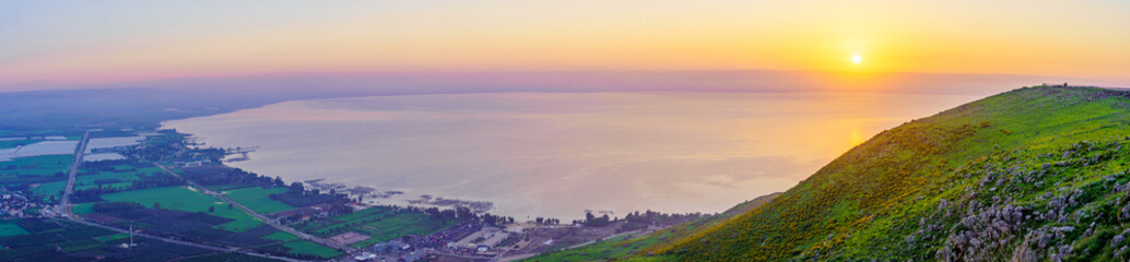 Sunrise panorama of the Sea of Galilee, from Mount Arbel