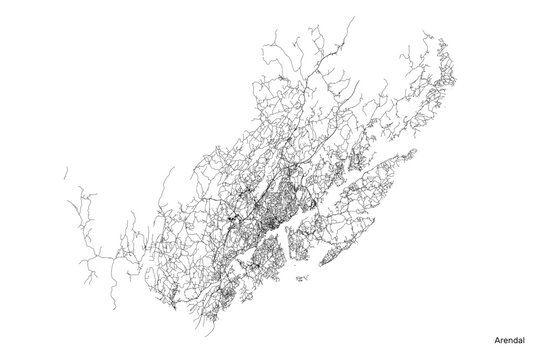 Arendal city map with roads and streets, Norway. Vector outline illustration.