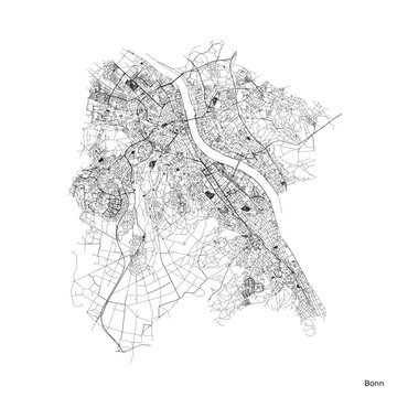 Bonn city map with roads and streets, Germany. Black and white. Vector outline illustration.