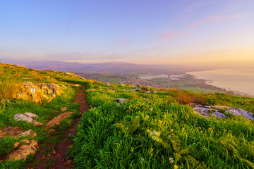 Sunrise view of the Sea of Galilee and Mount Arbel