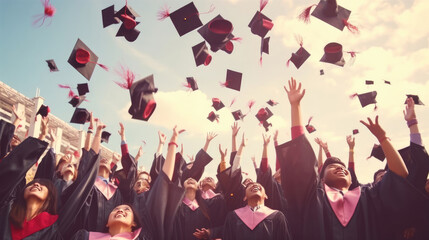 Group of happy students throwing graduation caps into the air celebrating graduation