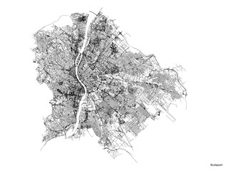 Budapest city map with roads and streets, Hungary. Vector outline illustration.