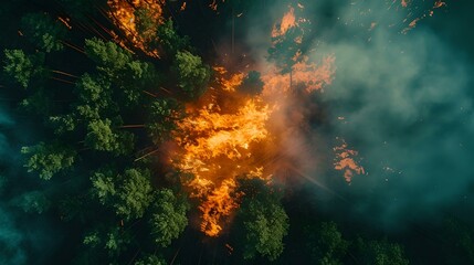 Obraz na płótnie Canvas Aerial view of a forest fire at night. nature's fury from above. vivid contrast between fire and trees. perfect for environmental themes. AI