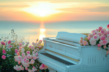White piano adorned with flowers in bloom, sunset backdrop