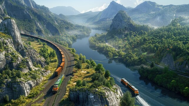 Scenic Mountain Railway Journey: Freight train winding through a lush mountainous landscape with a serene river view.