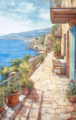Illustration of a typical Italian seaside landscape in digital painting