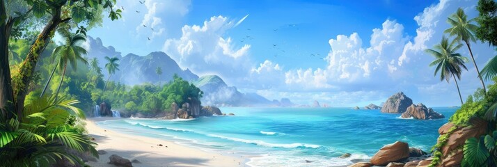 Wide Tropical Beach Panorama: A sweeping panorama of a stunning tropical beach, its white sands meeting the clear azure waters under a vast, cloud-speckled sky.