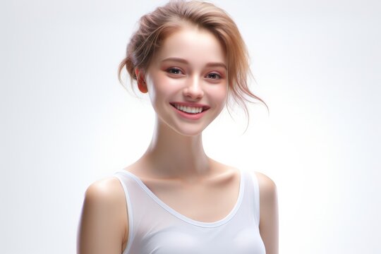 Sweet young girl dressed in comfortable vest undergarments, exuding confidence as she poses gracefully on a pristine white surface. Generative AI.