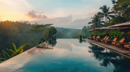 Jungle Infinity Pool at Sunrise: Infinity pool merging with the jungle landscape during a vibrant sunrise