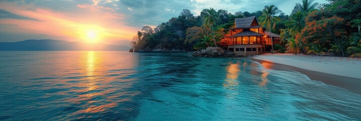 Tropical Beachfront Villa Sunset: Luxurious beachfront villa illuminated at dusk with a beautiful sunset over calm ocean waters - obrazy, fototapety, plakaty