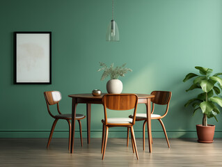 Elegant Dining Setting with Wooden Furniture and Greenery on Teal Wall