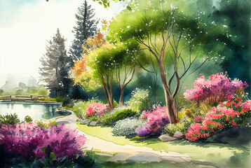 Outdoor garden landscape with trees, flowers and a pond watercolor style illustration. 