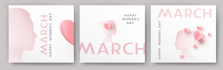 Women's Day greeting cards or banners set with heart 3d pink cut out paper elements. Vector 8 March international holiday poster templates
