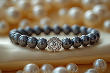 luxury grey pearl bracelet with elegant clear gemstone isolated on light yellow background 