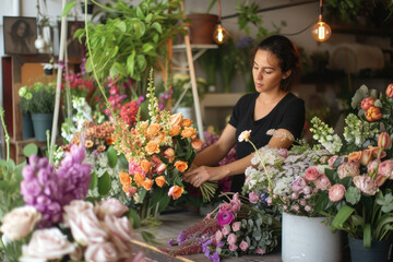 Girl is making wedding bouquets at her flower shop