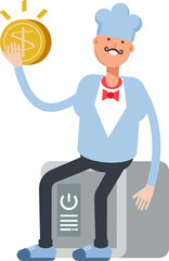 Waiter Character Sitting on Safe and Holding Dollar Coin
