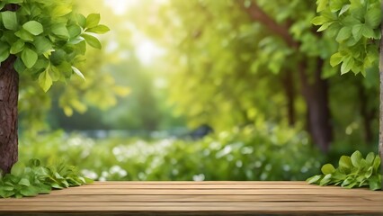 Beautiful spring background with green juicy young foliage and empty wooden table in nature outdoor. AI Generated