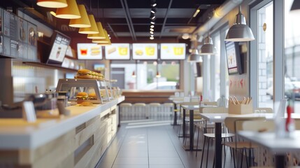 The Interior of the modern Burger shop is empty, Cafe restaurant interior, cafe is without customers and visitors. Burger shop background.