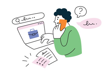 Searching for job vector illustration, man browsing internet hand drawn composition, hr agency hiring employees, work offer concept, unemployment concept, male character with laptop, phone interview