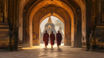 Back side of three Buddhist novice walking in a pagoda, in Myanmar - obrazy, fototapety, plakaty