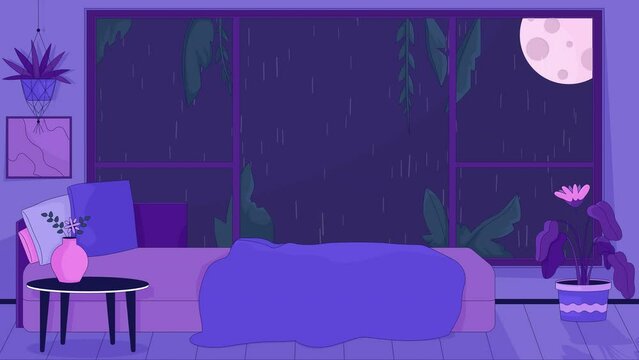 Messy bed cozy at night rainy cartoon animation. Midnight resting interior 4K video motion graphic. Moon nighttime window bedroom 2D animated background full frame, after hours lofi live wallpaper