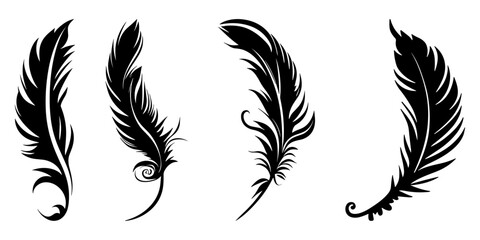 Black fluffy feather. Hand drawing vintage art realistic quill feathers for pen detailed isolated vector elegant silhouette sketch bird plume set - obrazy, fototapety, plakaty