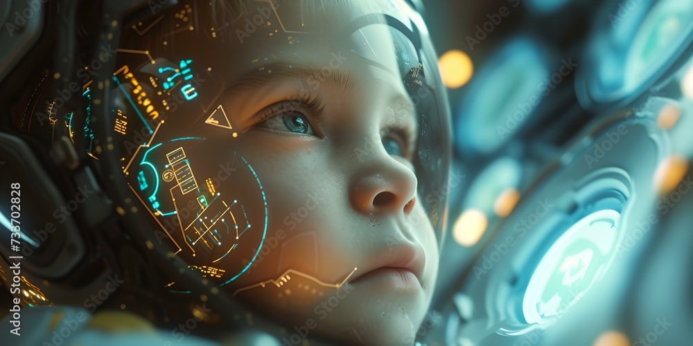 Poster futuristic child with advanced technology interface. young thinker amidst digital graphics. imaginat