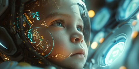 Futuristic child with advanced technology interface. young thinker amidst digital graphics. imaginative sci-fi portrait with HUD elements. AI