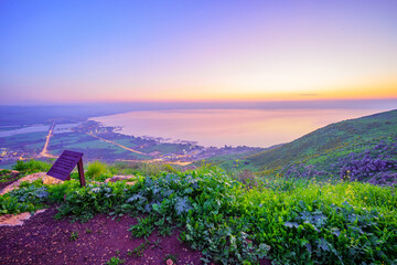 Blue hour view of the Sea of Galilee, Mount Arbel