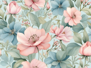  Soft pink and blue calm flowers seamless pattern background , wall art and fabric design