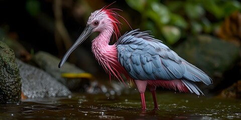 Vibrant pink and blue plumage bird standing by water. nature photography. exotic wildlife scene. tropical bird exhibiting natural beauty. AI