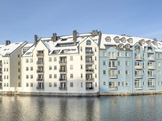 Naklejka premium Jugend city Aalesund (Ålesund) harbor on a beautiful cold winter's day. Møre and Romsdal county
