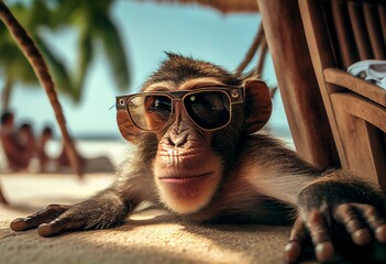 Monkey Vacation, Lounging, Animal Trip, Beach, Holiday, Fun In The Sun, Travel. Generative AI