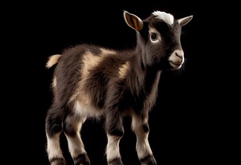 Cute black brown baby pygmy goat, standing side ways. Looking up. Isolated cutout on transparent background. Generative AI