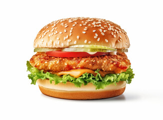 Delicious chicken burger with fresh vegetables and sesame bun isolated on white