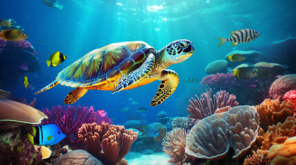 Fototapeta na wymiar Turtle with group of fishes and sea animals, underwater ocean background