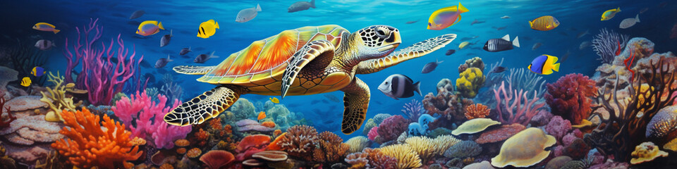 Turtle with group of fishes and sea animals, underwater ocean background