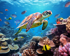 Naklejka premium Turtle with group of fishes and sea animals, underwater ocean background