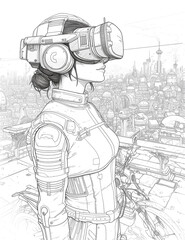 cyberpunk girl with VR glasses on background with futuristic city. page for coloring book.