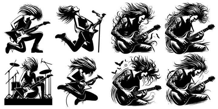 Eight drawings of rock guitar players: four women four men