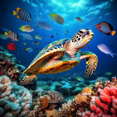 Fototapeta na wymiar Turtle with group of fishes and sea animals, underwater ocean background