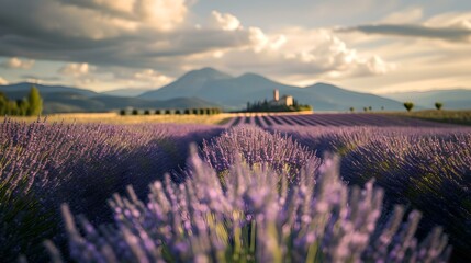 Idyllic lavender field with distant mountains and clear skies. perfect for relaxation and postcards. nature's beauty captured. AI