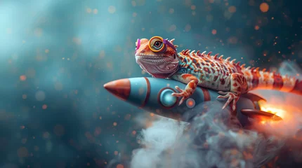 Tuinposter cute lizard on rocket, colorful, fog  © mknisanci
