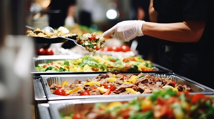Close-up of a buffet spread with variety of dishes at a catering event