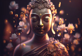 Tuinposter Generative AI illustration of abstract lifelike buddha, flowers, magic lighting, beautiful metallic and stone colors, detailed, natural lighting, natural environment. Digitally generated image © Bobby