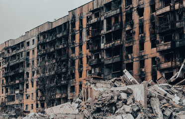 destroyed and burned houses in the city Russia Ukraine war