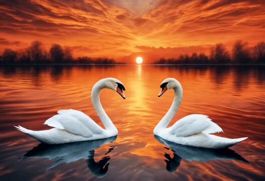 Tramonto Romantico- Due Magnifici Cigni Bianchi che Si Guardano, Nuotano nel Lago Riflettente di Fronte a un Tramonto Arancione Mozzafiato, Alta Risoluzione II